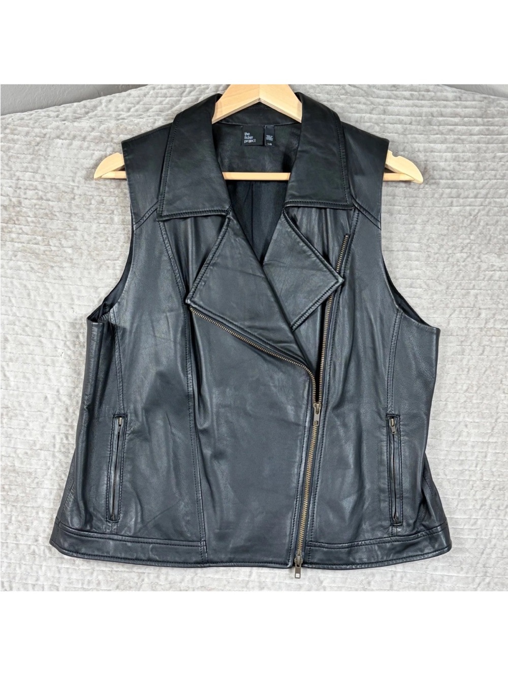 NWOT! The Fisher Project Eileen Fisher Black Lamb Leather Moto Vest - Size XL